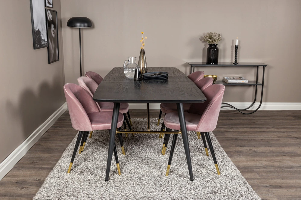 Venture Design Valgomasis stalas ir kėdžių komplektas, aukso išplėtimas ir aksomas, 180x85x76 cm, juoda ir rožinė
