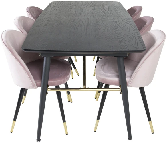 Venture Design Valgomasis stalas ir kėdžių komplektas, aukso išplėtimas ir aksomas, 180x85x76 cm, juoda ir rožinė
