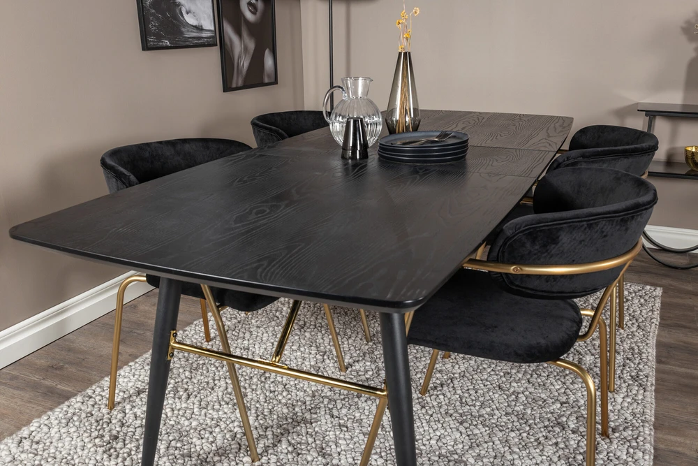 Venture Design Valgomasis stalas ir kėdžių komplektas, auksinis išplėtimas ir rodyklė, stalas: 180x85x76 cm, kėdė: 79x58x61 cm, juoda