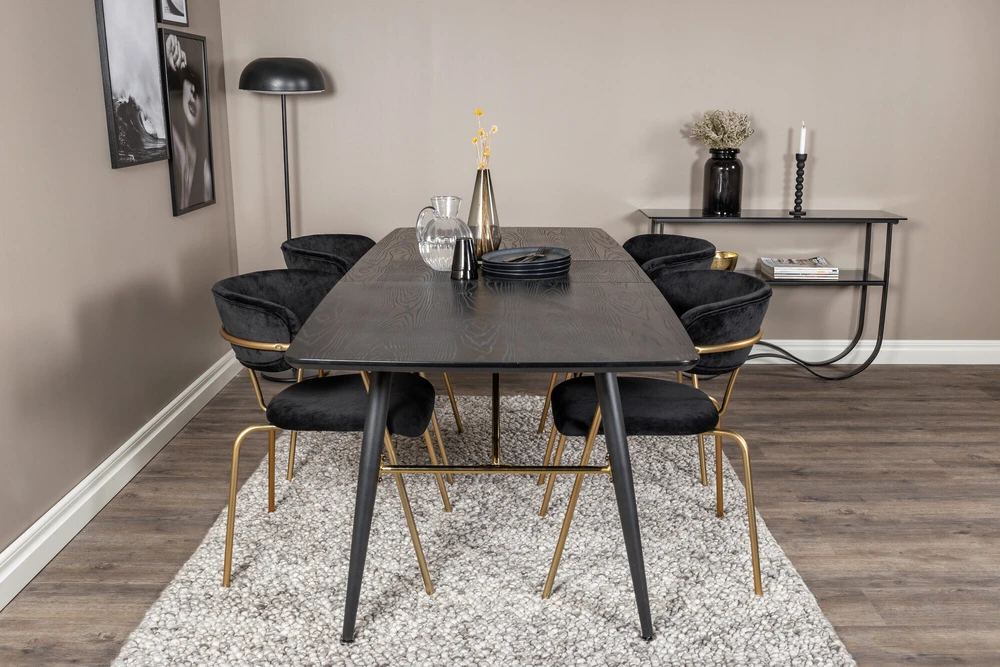 Venture Design Valgomasis stalas ir kėdžių komplektas, auksinis išplėtimas ir rodyklė, stalas: 180x85x76 cm, kėdė: 79x58x61 cm, juoda