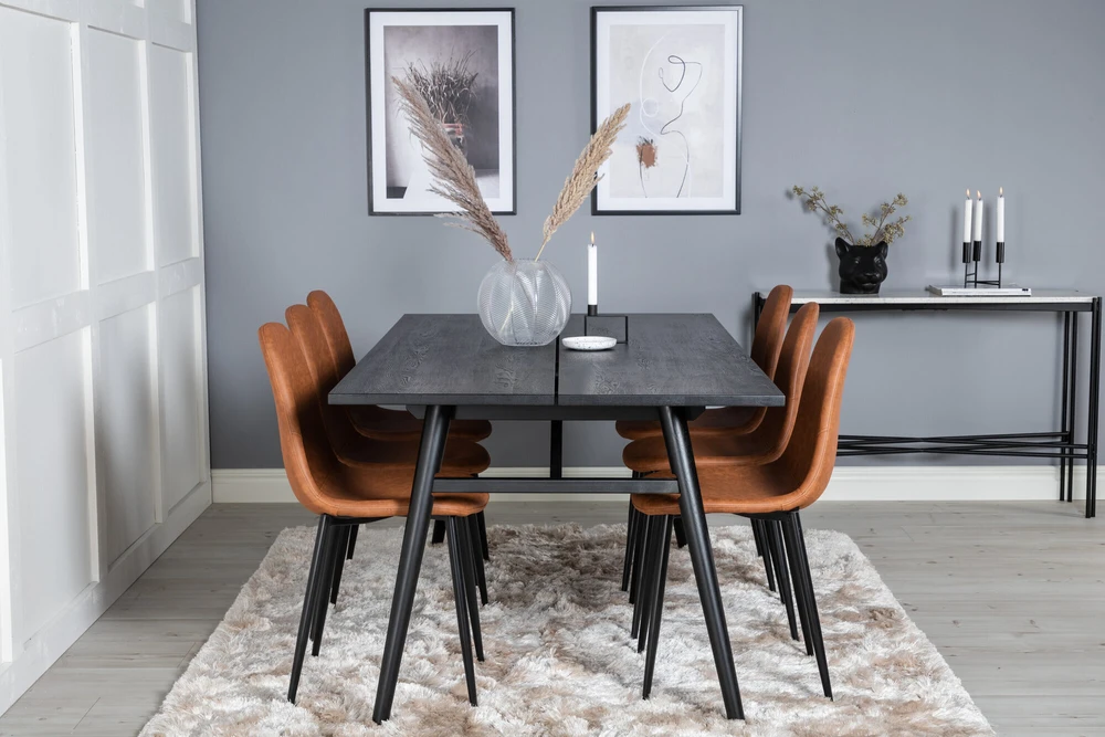 Venture Design Valgomasis stalas ir kėdžių komplektas, Stilingas ištraukiamas stalas ir Polar, 75x195x95 cm ir 53x87x44 cm, Juodas ir Ruda