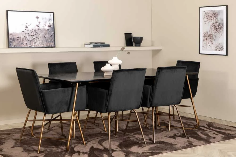 Venture Design Valgomasis stalas ir kėdžių komplektas, Petra, Stalas: 190x90x75 cm Kėdė: 87x57x60 cm, Juoda