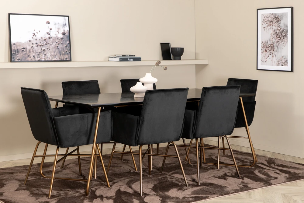 Venture Design Valgomasis stalas ir kėdžių komplektas, Petra, Stalas: 190x90x75 cm Kėdė: 87x57x60 cm, Juoda