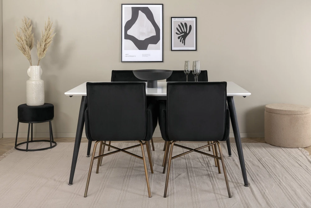 Venture Design Valgomasis stalas, Jimmy, 150-240x90x76 cm, Juodas/Baltas, Valgomasis kėdė, Petra, 60x87x57 cm, Varis/Juodas