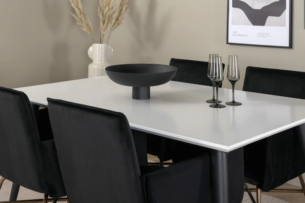 Venture Design Valgomasis stalas, Jimmy, 150-240x90x76 cm, Juodas/Baltas, Valgomasis kėdė, Petra, 60x87x57 cm, Varis/Juodas