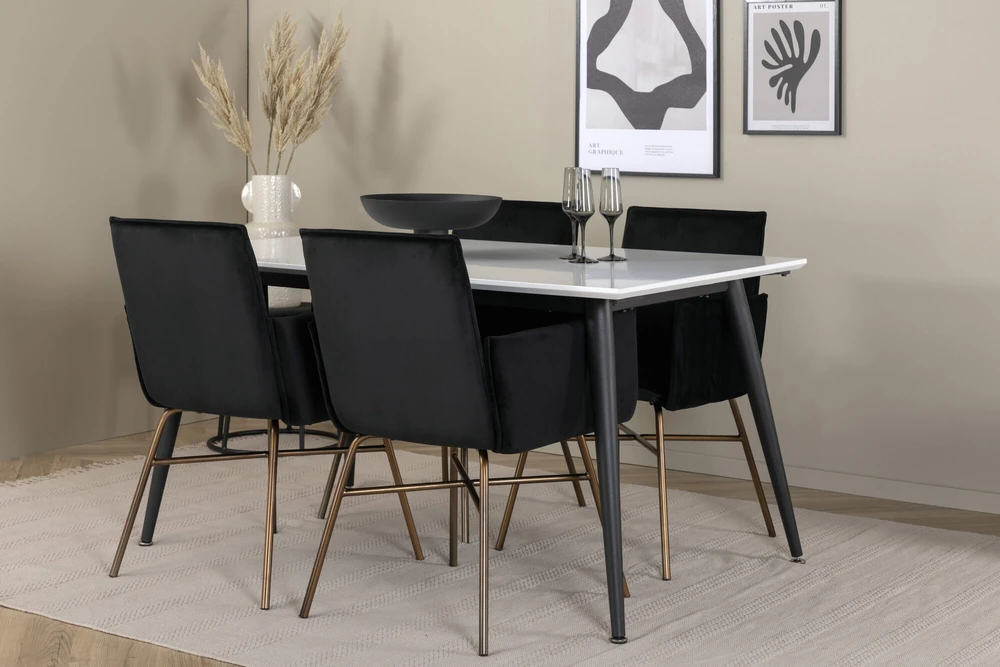 Venture Design Valgomasis stalas, Jimmy, 150-240x90x76 cm, Juodas/Baltas, Valgomasis kėdė, Petra, 60x87x57 cm, Varis/Juodas