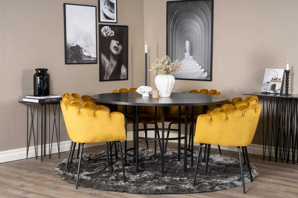 Venture Design Valgomasis stalas, Kopenhaga, ⌀140 cm, juodas / Kėdė, Limhamn, 54x76x61 cm, aukso velvetas