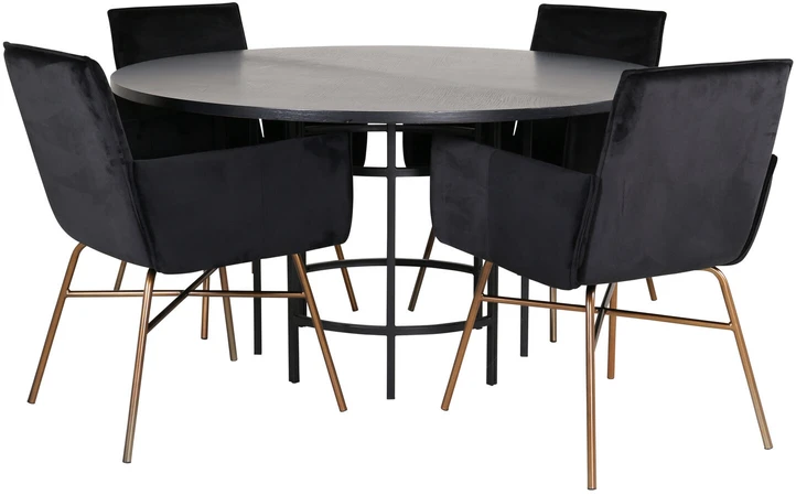 Venture Design Valgomasis stalas, Kopenhaga, 140x74 cm, Juodas / Valgomasis kėdė, Petra, 60x87x57 cm, Juoda aksomas