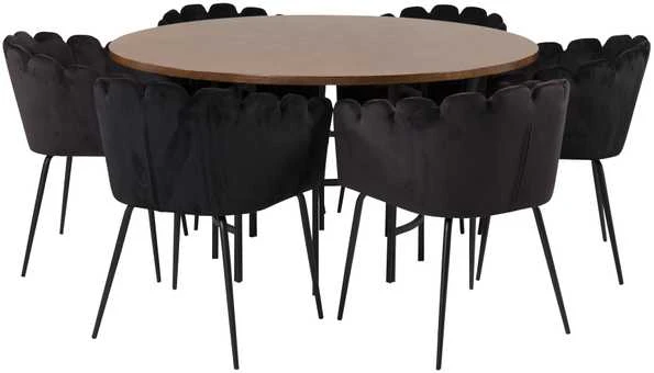 Venture Design Valgomasis stalas, Kopenhaga, ⌀140 cm, rudas / Valgomasis kėdė, Limhamn, 54x76x61 cm, juoda aksomas