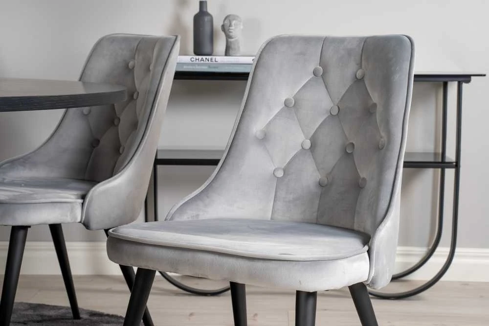 Venture Design Valgomasis stalas, Kopenhaga, ⌀140 cm, Juodas / Valgomasis kėdė, Velvečiaus prabanga, 66x88.5x50 cm, Šviesiai pilka