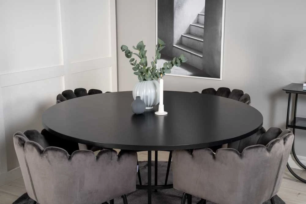 Venture Design Valgomasis stalas, Kopenhaga, ⌀140 cm, Juodas, Kėdė, Limhamn, 54x76 cm, Pilka