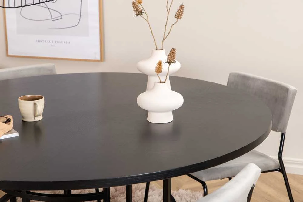 Venture Design Valgomasis stalas, Kopenhaga, 140x74 cm, Juodas + Valgomasis kėdė, Kenth, 52x76x40 cm, Šviesiai pilka aksomas
