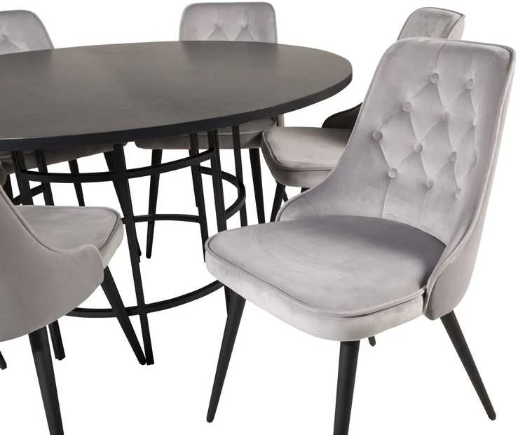 Venture Design Valgomasis stalas, Kopenhaga, ⌀140 cm, Juodas / Valgomasis kėdė, Velvečiaus prabanga, 66x88.5x50 cm, Šviesiai pilka