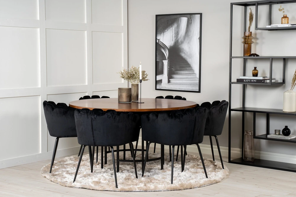 Venture Design Valgomasis stalas, Kopenhaga, ⌀140 cm, rudas / Valgomasis kėdė, Limhamn, 54x76x61 cm, juoda aksomas