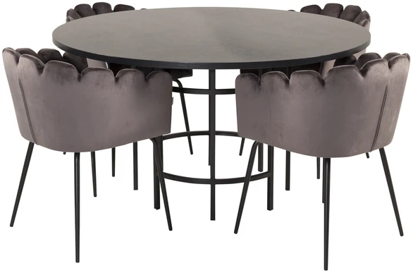 Venture Design Valgomasis stalas, Kopenhaga, ⌀140 cm, Juodas, Kėdė, Limhamn, 54x76 cm, Pilka
