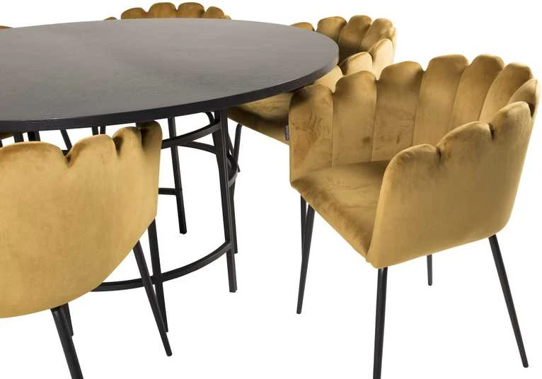 Venture Design Valgomasis stalas, Kopenhaga, ⌀140 cm, juodas / Kėdė, Limhamn, 54x76x61 cm, aukso velvetas