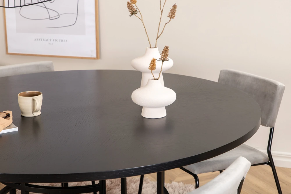 Venture Design Valgomasis stalas, Kopenhaga, 140x74 cm, Juodas + Valgomasis kėdė, Kenth, 52x76x40 cm, Šviesiai pilka aksomas