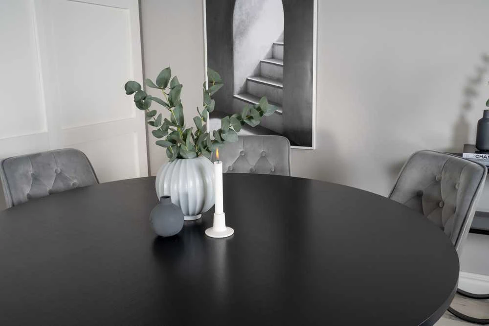 Venture Design Valgomasis stalas, Kopenhaga, ⌀140 cm, Juodas / Valgomasis kėdė, Velvečiaus prabanga, 66x88.5x50 cm, Šviesiai pilka