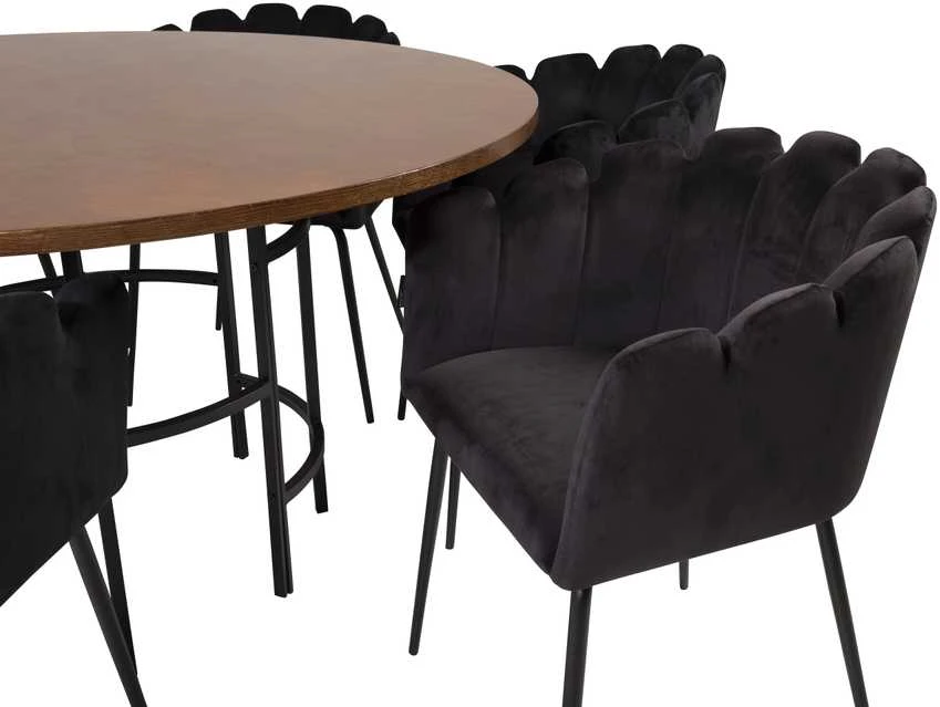 Venture Design Valgomasis stalas, Kopenhaga, ⌀140 cm, rudas / Valgomasis kėdė, Limhamn, 54x76x61 cm, juoda aksomas