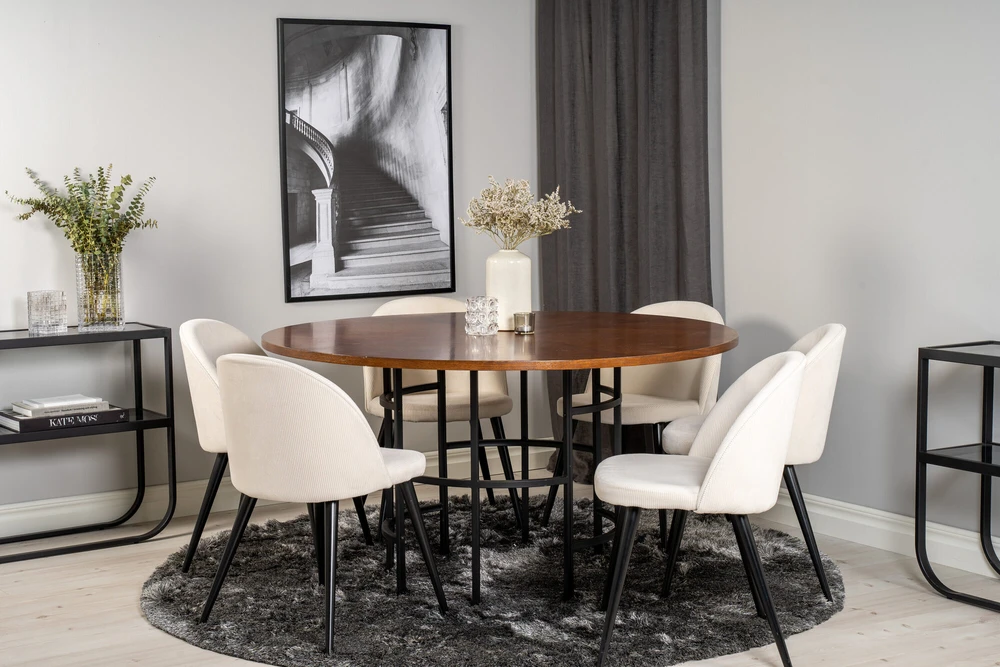 Venture Design Valgomasis stalas, Kopenhaga, ⌀140 cm, Ruda / Velveto valgomasis kėdė, 57x76.5x50 cm, Beždžio spalvos