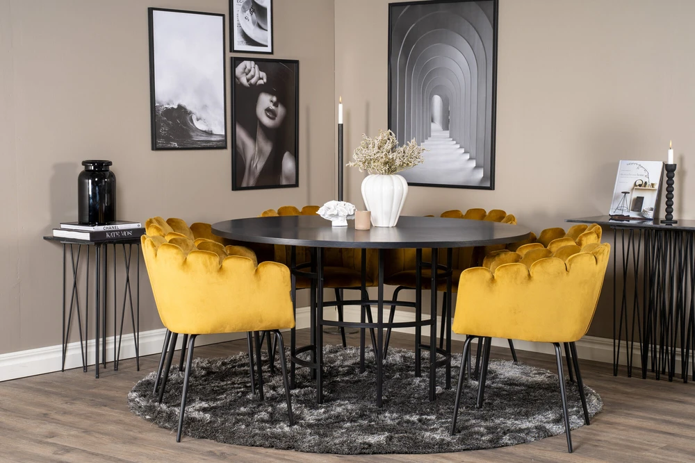 Venture Design Valgomasis stalas, Kopenhaga, ⌀140 cm, juodas / Kėdė, Limhamn, 54x76x61 cm, aukso velvetas
