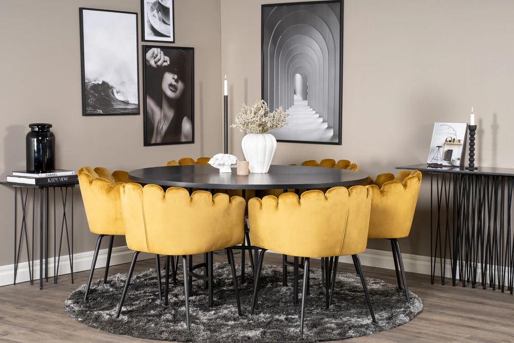 Venture Design Valgomasis stalas, Kopenhaga, ⌀140 cm, juodas / Kėdė, Limhamn, 54x76x61 cm, aukso velvetas