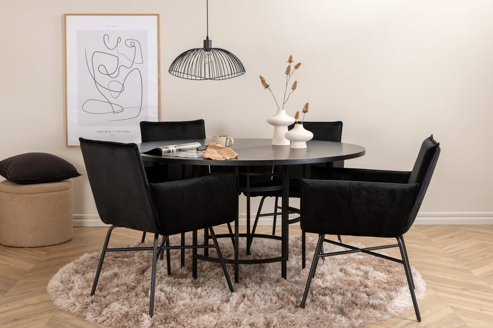 Venture Design Valgomasis stalas, Kopenhaga, 140x74 cm, Juodas + Valgomasis kėdė, Petra, 60x87x57 cm, Juoda
