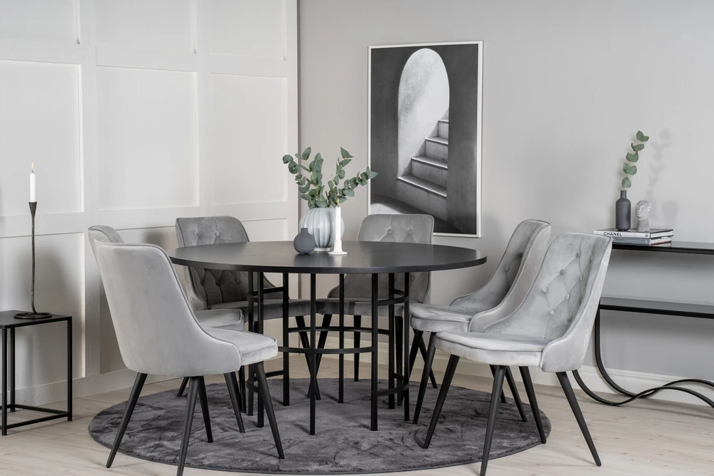 Venture Design Valgomasis stalas, Kopenhaga, ⌀140 cm, Juodas / Valgomasis kėdė, Velvečiaus prabanga, 66x88.5x50 cm, Šviesiai pilka
