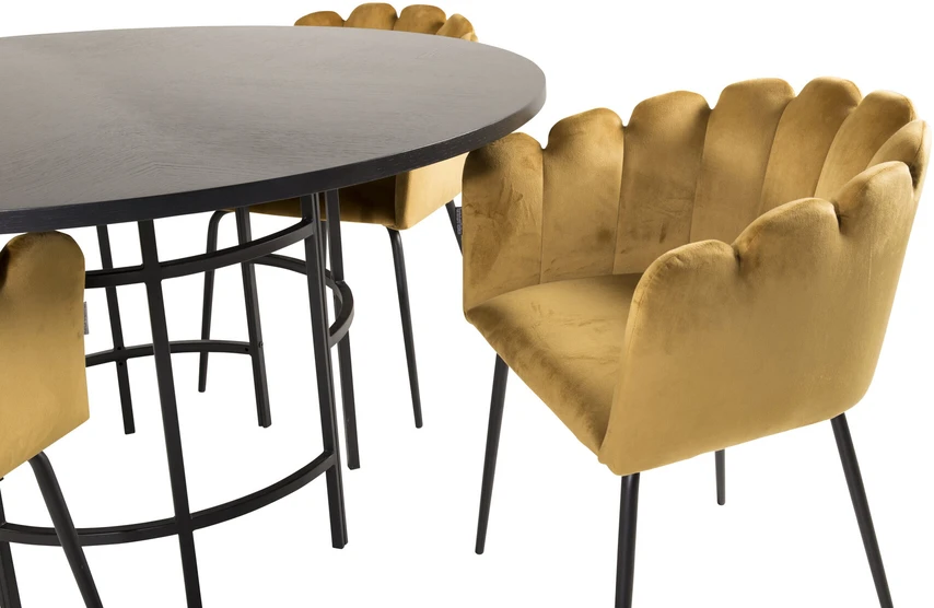 Venture Design Valgomasis stalas, Kopenhaga, ⌀140 cm, Juodas / Kėdė, Limhamn, 54x76x61 cm, Aukso velvetas