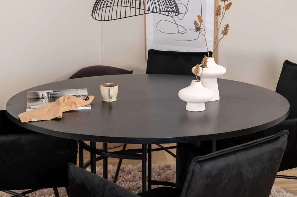 Venture Design Valgomasis stalas, Kopenhaga, 140x74 cm, Juodas + Valgomasis kėdė, Petra, 60x87x57 cm, Juoda
