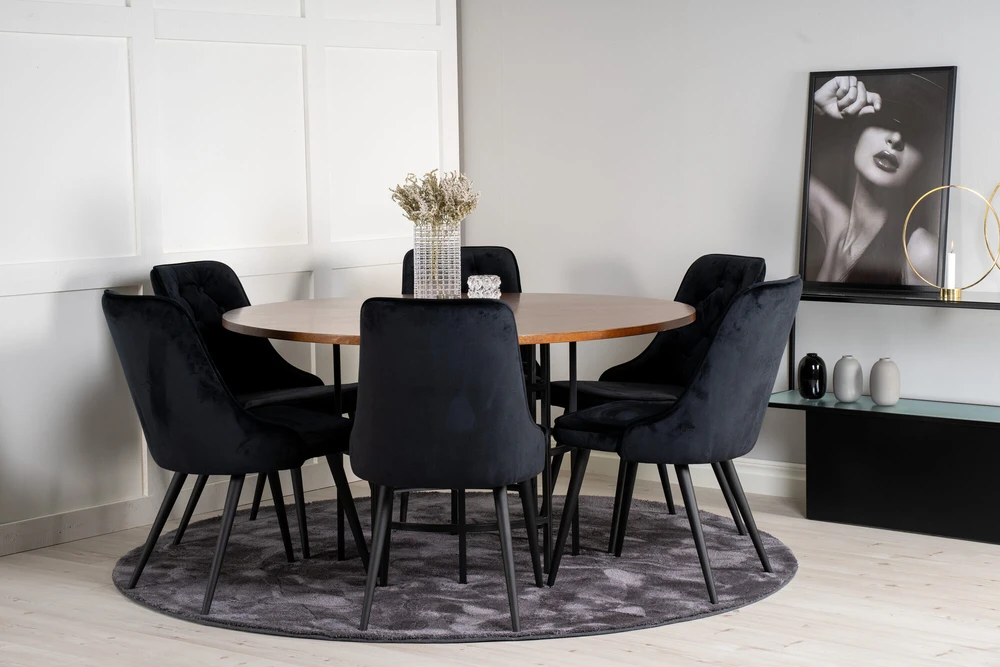 Venture Design Valgomasis stalas, Kopenhaga, ⌀140 cm, Ruda / Valgomasis kėdė, Veltinė prabanga, 66x88.5x50 cm, Juoda