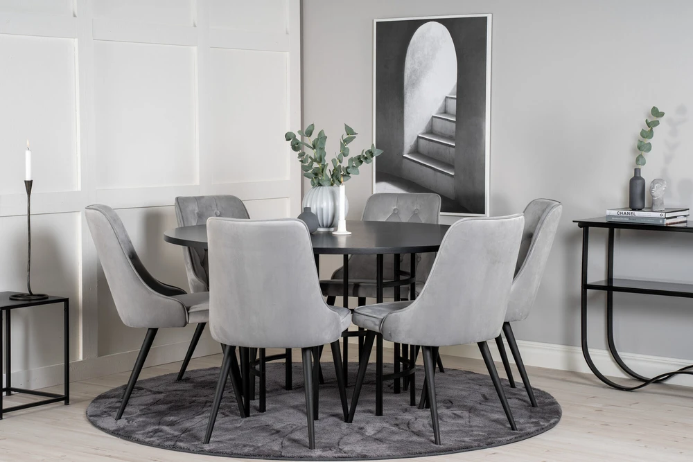 Venture Design Valgomasis stalas, Kopenhaga, ⌀140 cm, Juodas / Valgomasis kėdė, Velvečiaus prabanga, 66x88.5x50 cm, Šviesiai pilka