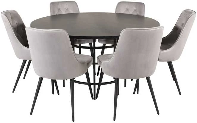 Venture Design Valgomasis stalas, Kopenhaga, ⌀140 cm, Juodas / Valgomasis kėdė, Velvečiaus prabanga, 66x88.5x50 cm, Šviesiai pilka
