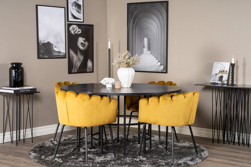 Venture Design Valgomasis stalas, Kopenhaga, ⌀140 cm, Juodas / Kėdė, Limhamn, 54x76x61 cm, Aukso velvetas