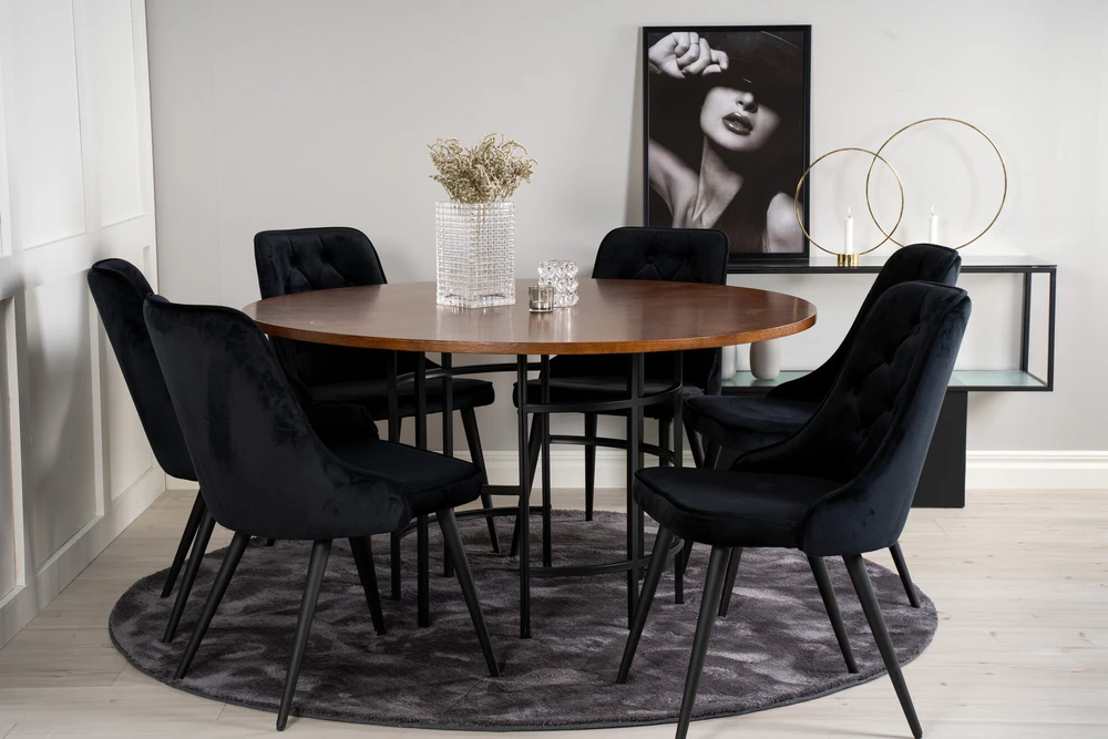 Venture Design Valgomasis stalas, Kopenhaga, ⌀140 cm, Ruda / Valgomasis kėdė, Veltinė prabanga, 66x88.5x50 cm, Juoda