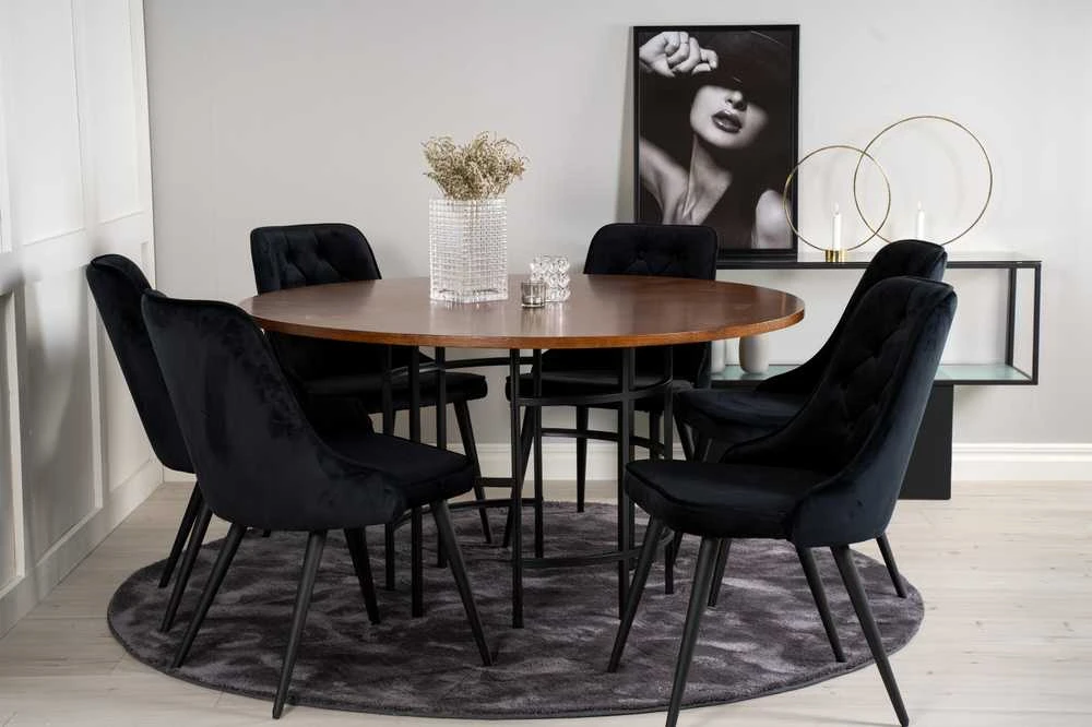Venture Design Valgomasis stalas, Kopenhaga, ⌀140 cm, Ruda / Valgomasis kėdė, Veltinė prabanga, 66x88.5x50 cm, Juoda