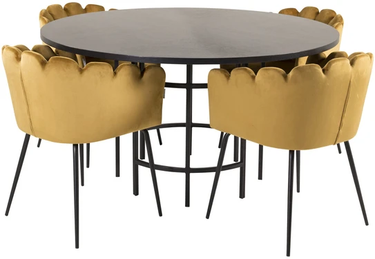 Venture Design Valgomasis stalas, Kopenhaga, ⌀140 cm, Juodas / Kėdė, Limhamn, 54x76x61 cm, Aukso velvetas