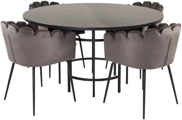 Venture Design Valgomasis stalas, Kopenhaga, ⌀140 cm, Juodas, Kėdė, Limhamn, 54x76 cm, Pilka