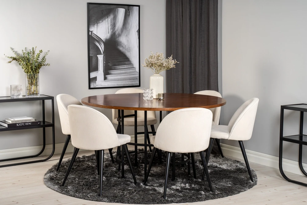 Venture Design Valgomasis stalas, Kopenhaga, ⌀140 cm, Ruda / Velveto valgomasis kėdė, 57x76.5x50 cm, Beždžio spalvos