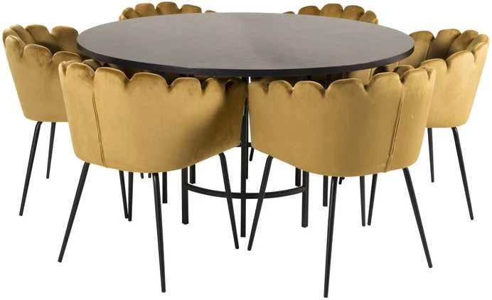 Venture Design Valgomasis stalas, Kopenhaga, ⌀140 cm, juodas / Kėdė, Limhamn, 54x76x61 cm, aukso velvetas