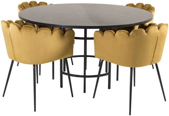 Venture Design Valgomasis stalas, Kopenhaga, ⌀140 cm, Juodas / Kėdė, Limhamn, 54x76x61 cm, Aukso velvetas