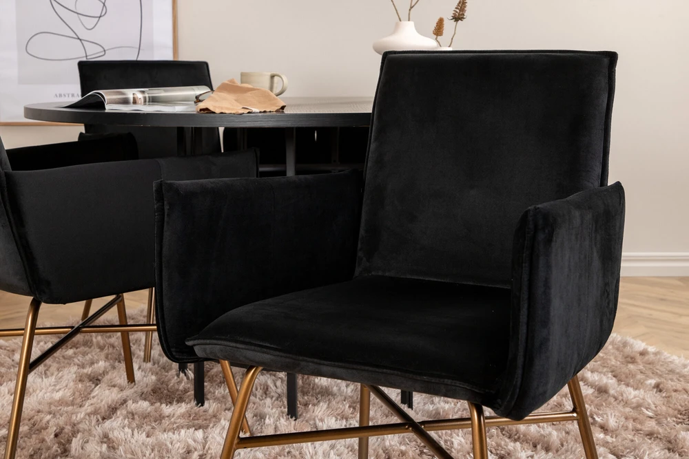 Venture Design Valgomasis stalas, Kopenhaga, 140x74 cm, Juodas / Valgomasis kėdė, Petra, 60x87x57 cm, Juoda aksomas