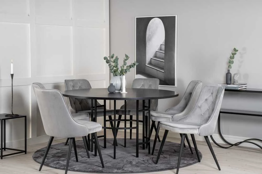 Venture Design Valgomasis stalas, Kopenhaga, ⌀140 cm, Juodas / Valgomasis kėdė, Velvečiaus prabanga, 66x88.5x50 cm, Šviesiai pilka
