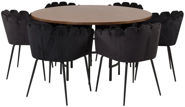 Venture Design Valgomasis stalas, Kopenhaga, ⌀140 cm, rudas / Valgomasis kėdė, Limhamn, 54x76x61 cm, juoda aksomas