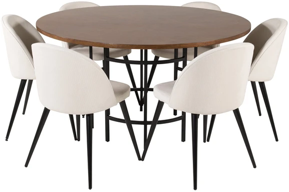 Venture Design Valgomasis stalas, Kopenhaga, ⌀140 cm, Ruda / Velveto valgomasis kėdė, 57x76.5x50 cm, Beždžio spalvos