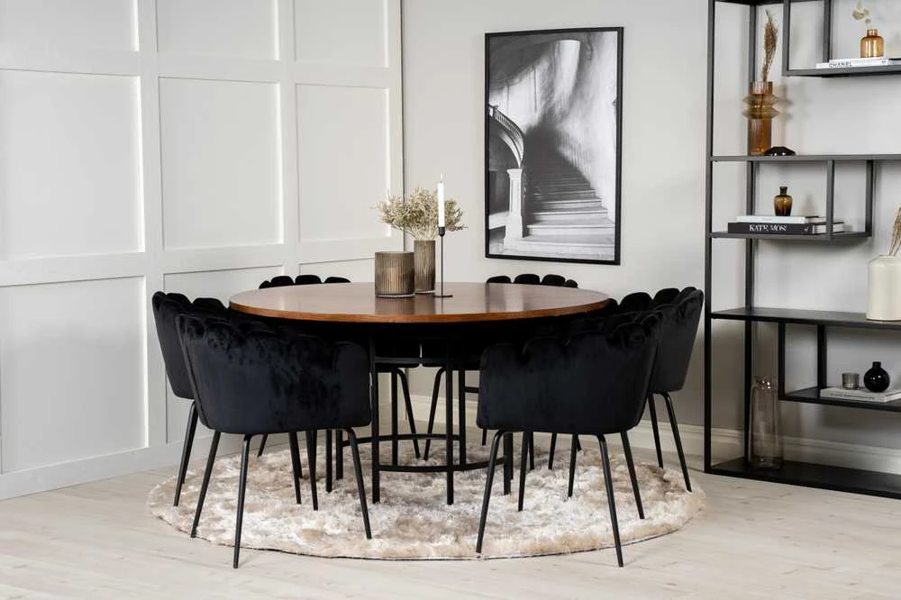 Venture Design Valgomasis stalas, Kopenhaga, ⌀140 cm, rudas / Valgomasis kėdė, Limhamn, 54x76x61 cm, juoda aksomas