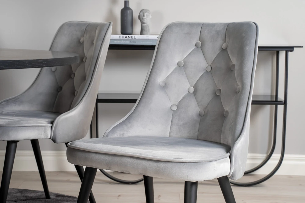 Venture Design Valgomasis stalas, Kopenhaga, ⌀140 cm, Juodas / Valgomasis kėdė, Velvečiaus prabanga, 66x88.5x50 cm, Šviesiai pilka