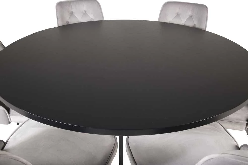 Venture Design Valgomasis stalas, Kopenhaga, ⌀140 cm, Juodas / Valgomasis kėdė, Velvečiaus prabanga, 66x88.5x50 cm, Šviesiai pilka