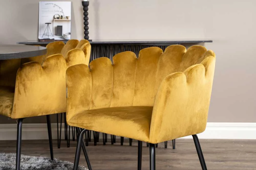 Venture Design Valgomasis stalas, Kopenhaga, ⌀140 cm, juodas / Kėdė, Limhamn, 54x76x61 cm, aukso velvetas