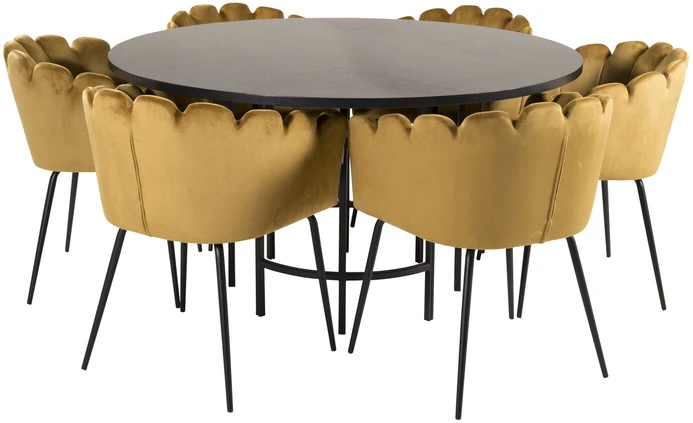 Venture Design Valgomasis stalas, Kopenhaga, ⌀140 cm, juodas / Kėdė, Limhamn, 54x76x61 cm, aukso velvetas